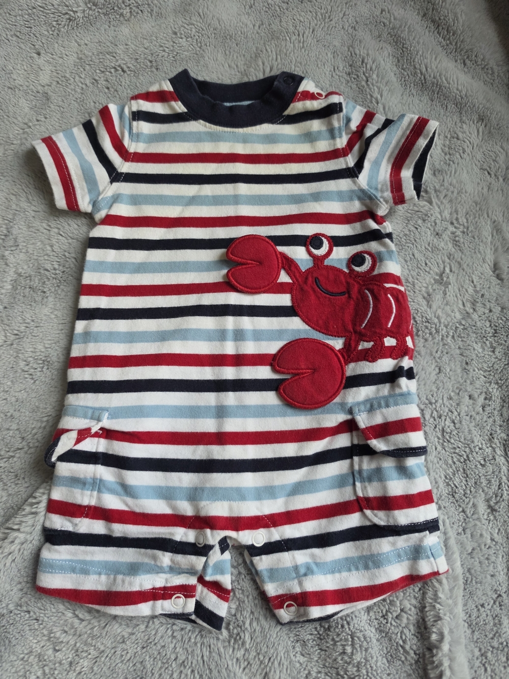 Gymboree Red, Navy, White and Light Blue Striped Baby Romper with Red Crab